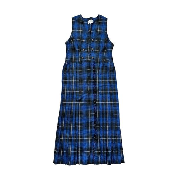 Susan Bristol Vintage Navy Blue & Black Plaid Jumper Pleated Midi‎ Dress Size 4 - Picture 1 of 6